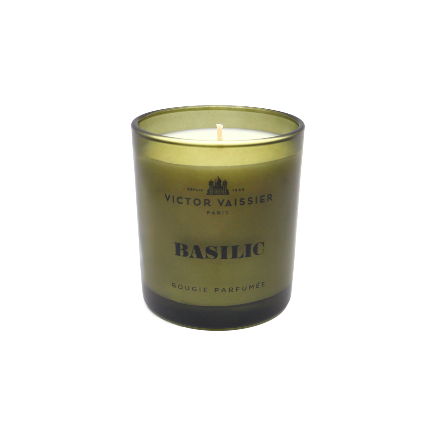 Doftljus basilic i glasburk med stilren etikett – exklusiv heminredning och stämningsfull doft