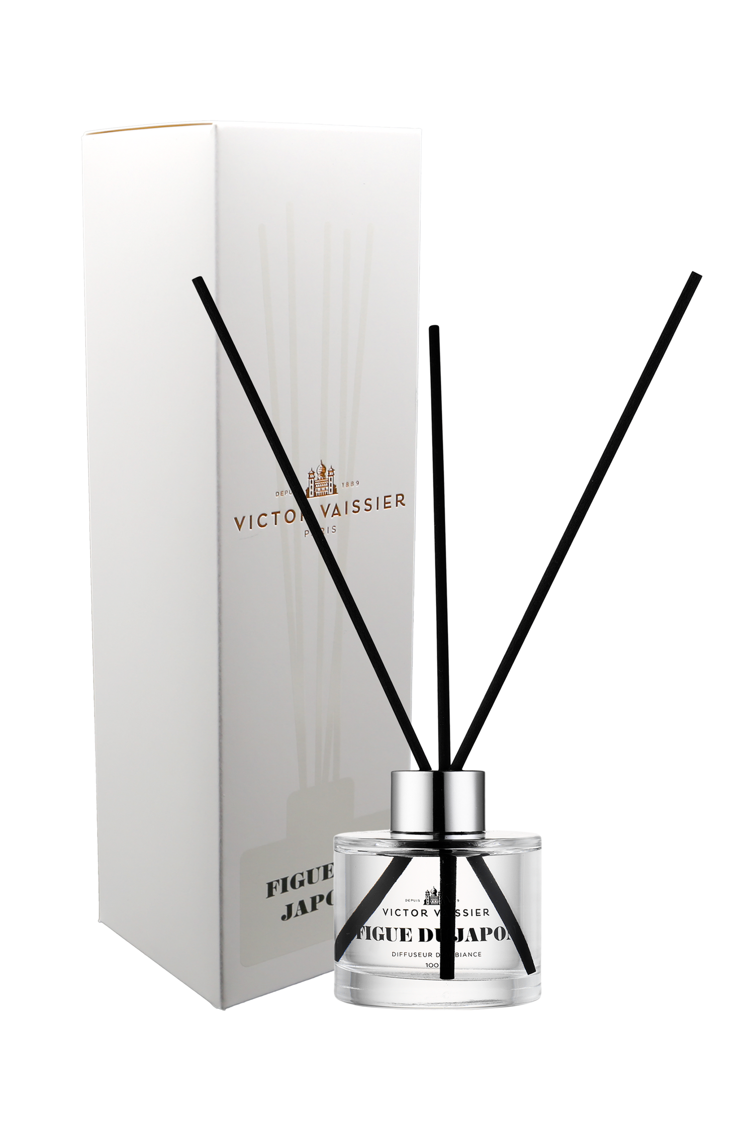 Diffuser figue du japon i glasflaska med stilren etikett och doftpinnar – exklusiv rumsdoft och heminredning