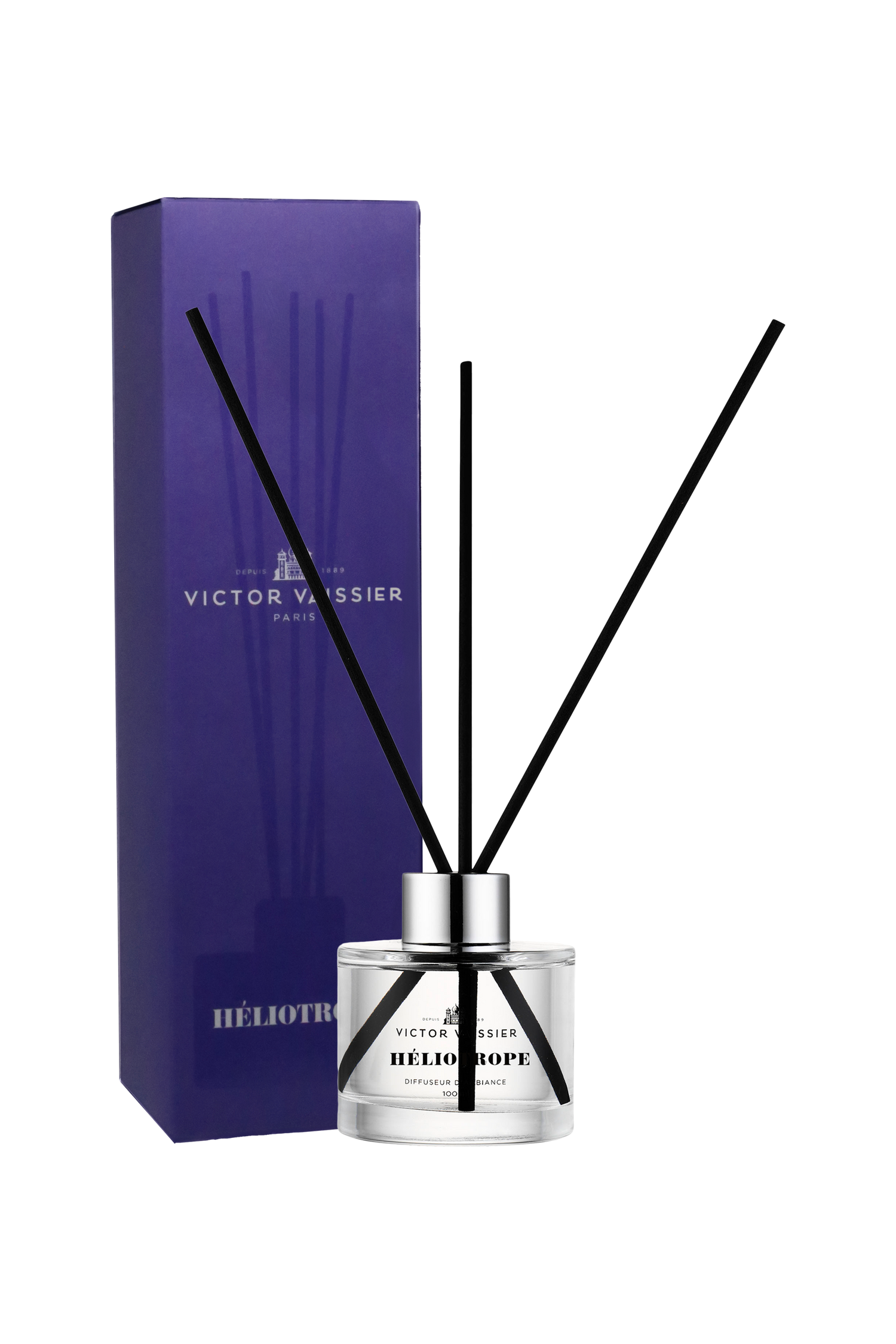 Diffuser héliotrope i glasflaska med stilren etikett och doftpinnar – exklusiv rumsdoft och heminredning