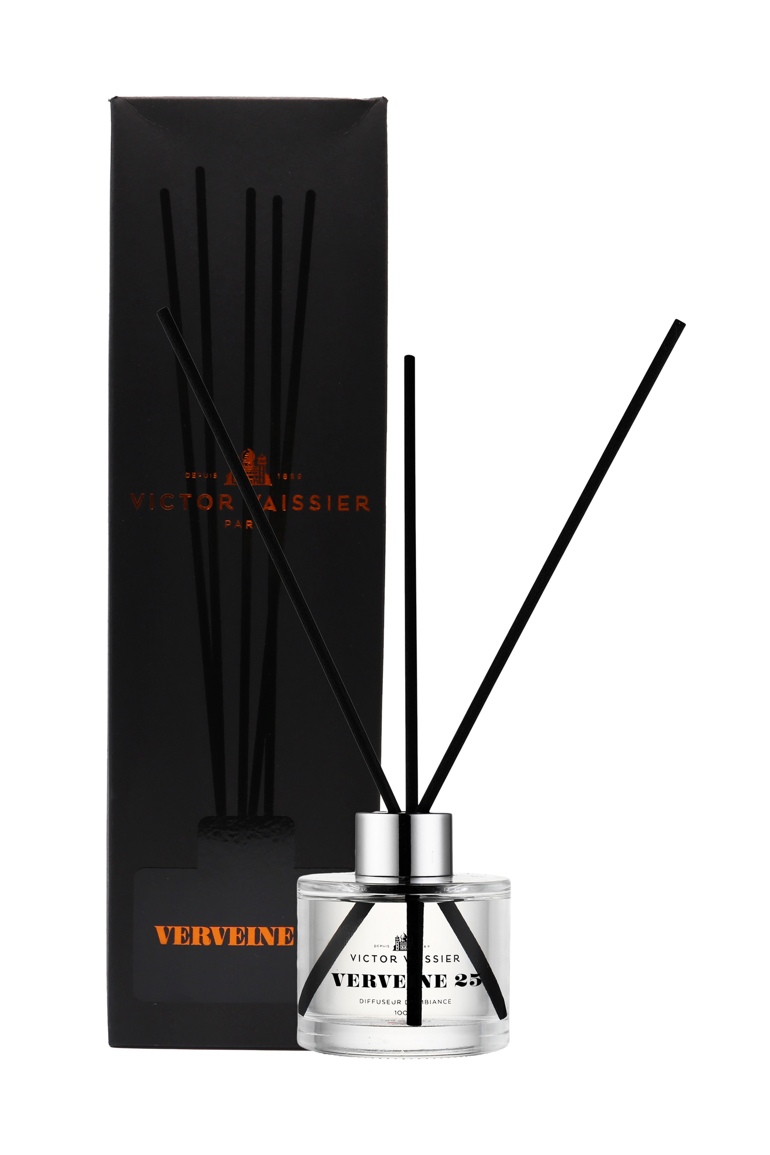 Diffuser verveine 25 i glasflaska med stilren etikett och doftpinnar – exklusiv rumsdoft och heminredning